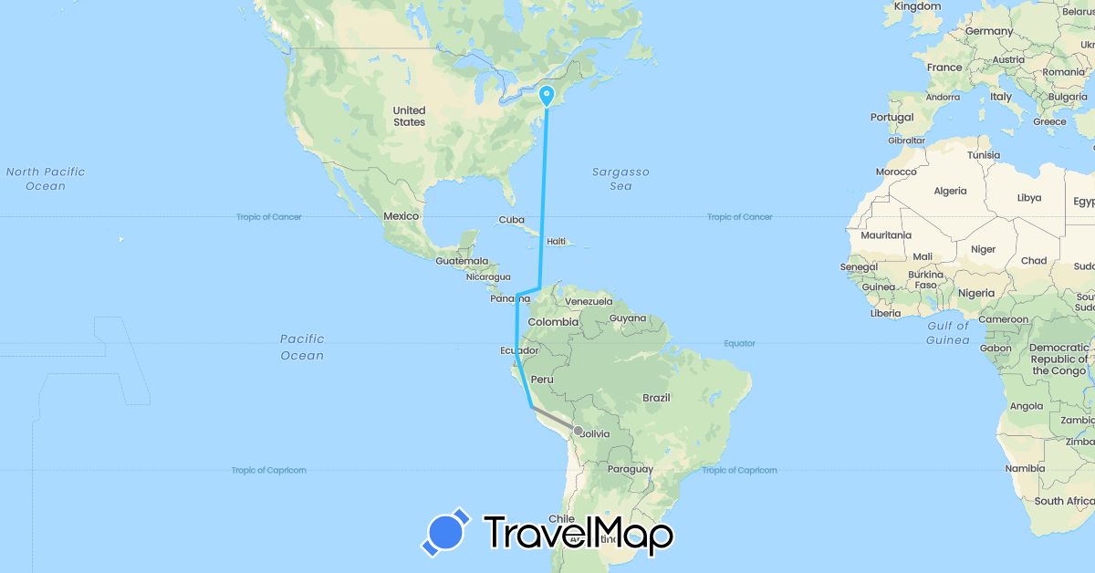 TravelMap itinerary: driving, plane, boat in Bolivia, Colombia, Ecuador, Panama, Peru, United States (North America, South America)
